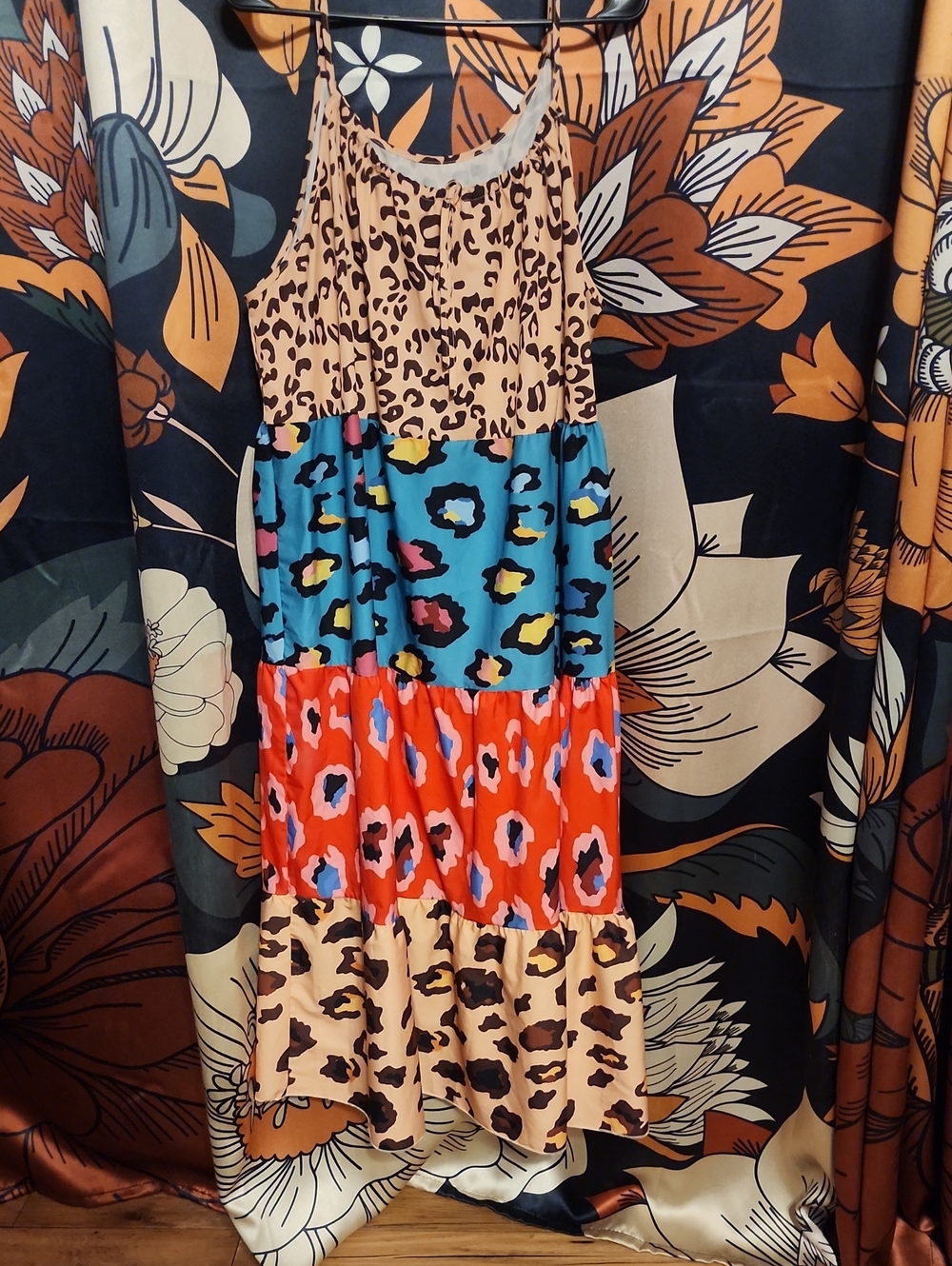 Tiered Mixed-Animal Print Sundress in Blue, Red & Beige